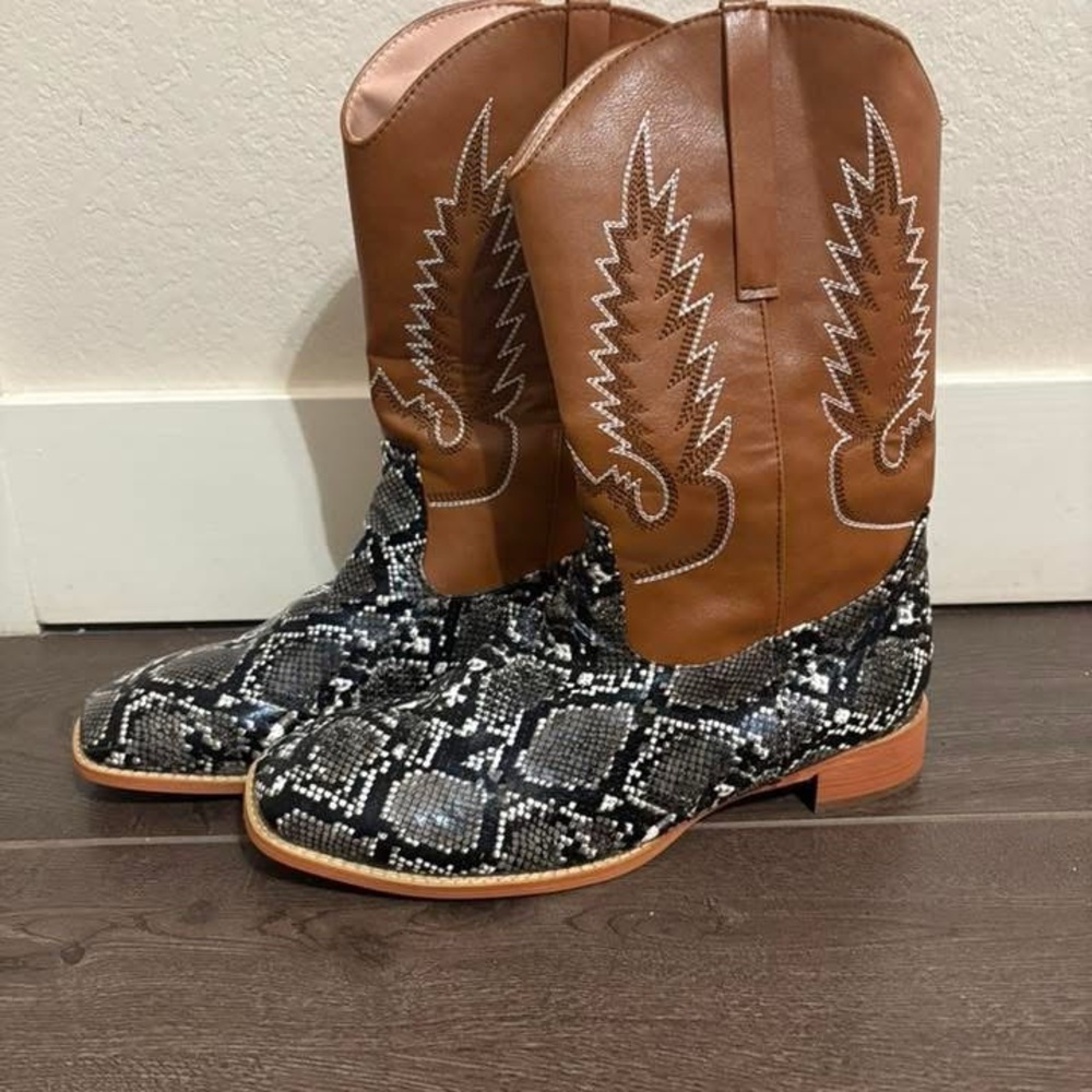Brown and Snake Print Cowboy Boots